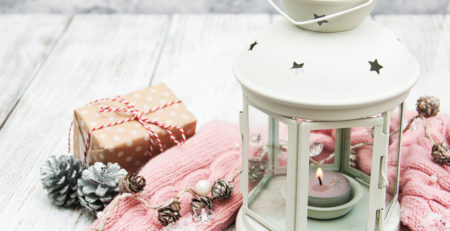 CANDLE LANTERN with scarf, pine cones, present and snow