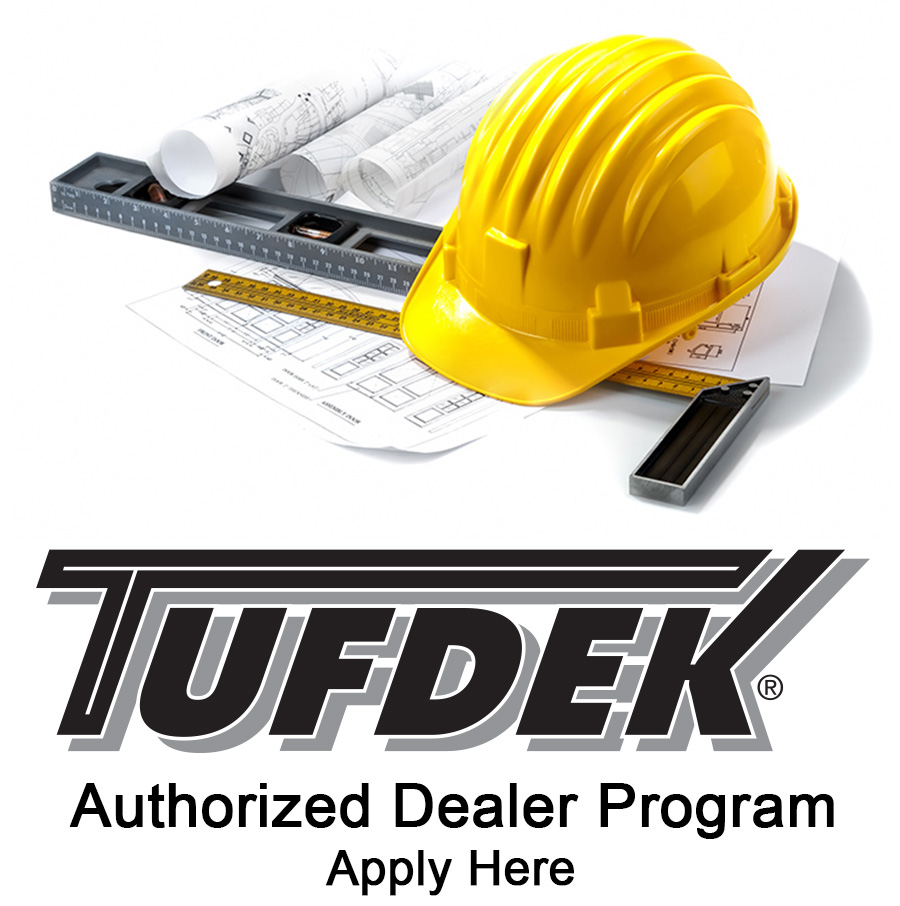 Graphic showing hard hat, blueprints, level and ruler promoting the Tufdek Authorized Dealer Program