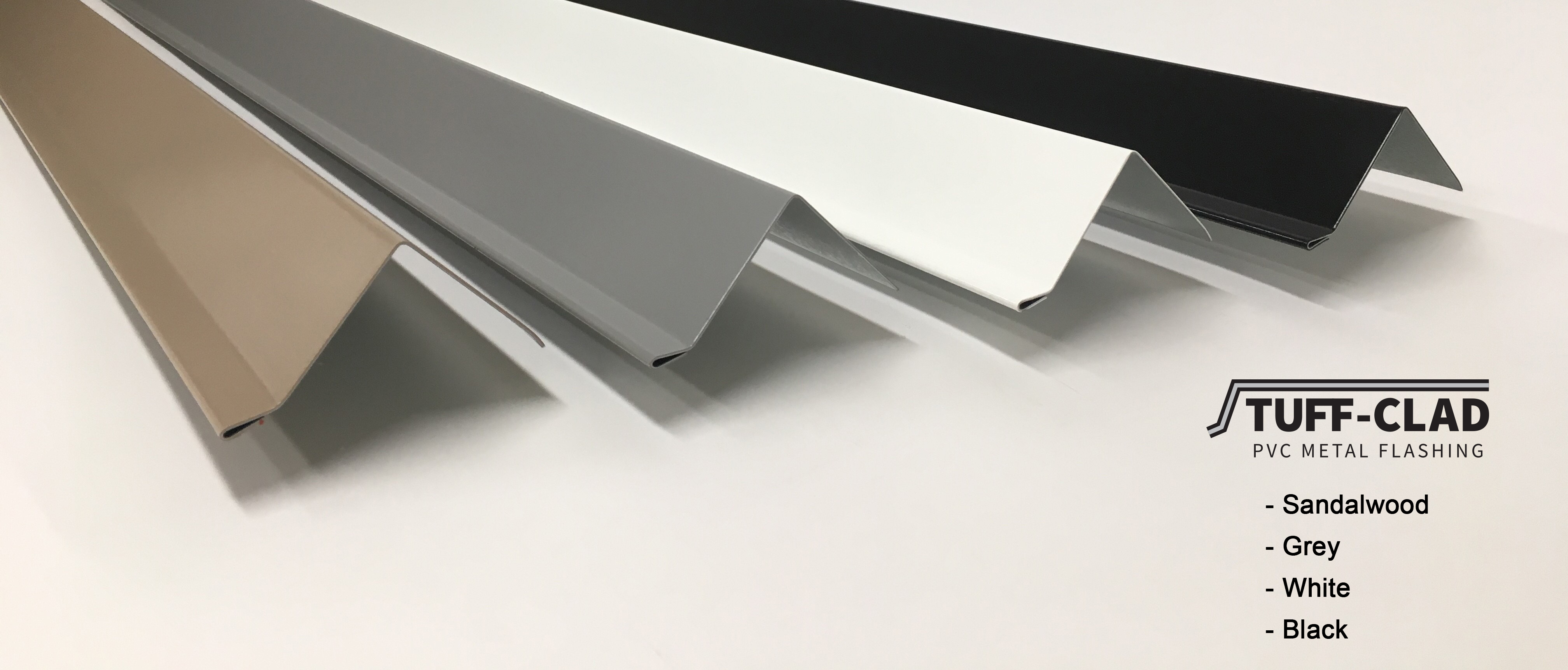 Samples of Tuff-Clad PVC metal flashing in Sandalwood, Grey, White, and Balack