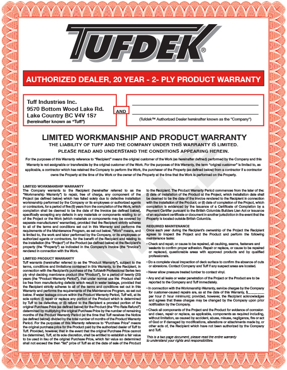 Tufdek Vinyl 20-year warranty