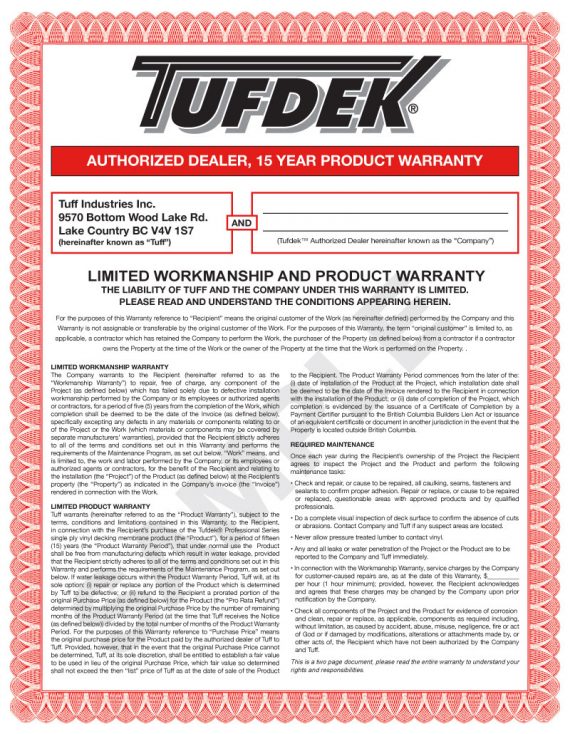tufdekwarr15yr Tufdek Single-Ply 15 Year Product & 5 Year Labor Warranty